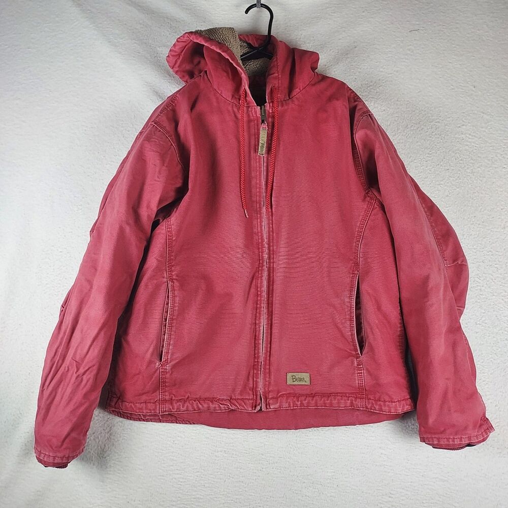 Berne Womens M Sherpa Lined Hooded Jacket Red Softstone Duck Full Zip
